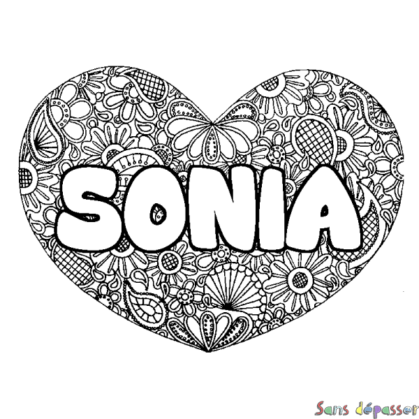 Coloriage prénom SONIA - d&eacute;cor Mandala coeur