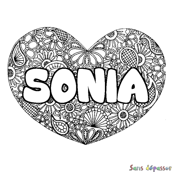Coloriage pr&eacute;nom SONIA - d&eacute;cor Mandala coeur