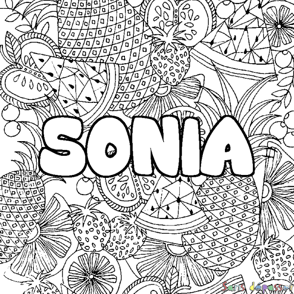 Coloriage pr&eacute;nom SONIA - d&eacute;cor Mandala fruits
