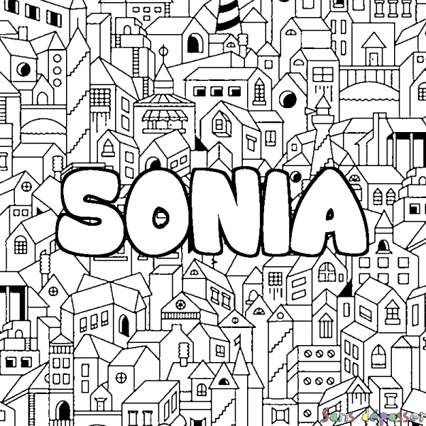 Coloriage pr&eacute;nom SONIA - d&eacute;cor Ville