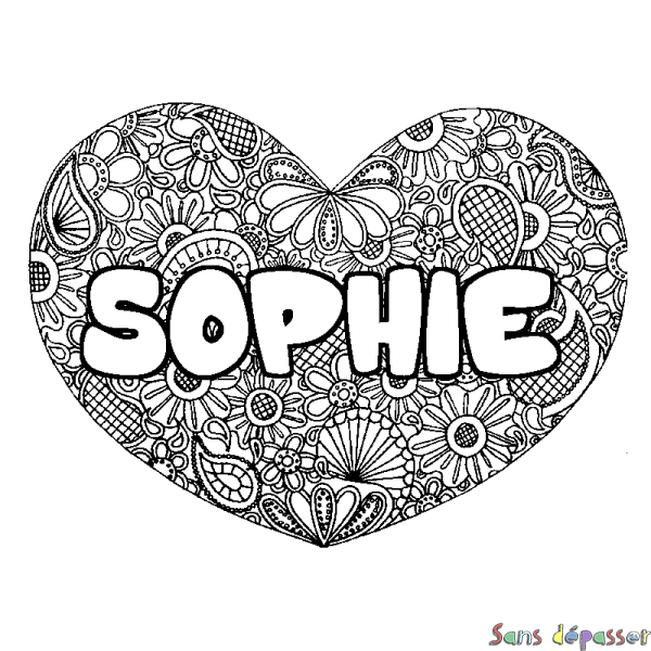 Coloriage pr&eacute;nom SOPHIE - d&eacute;cor Mandala coeur