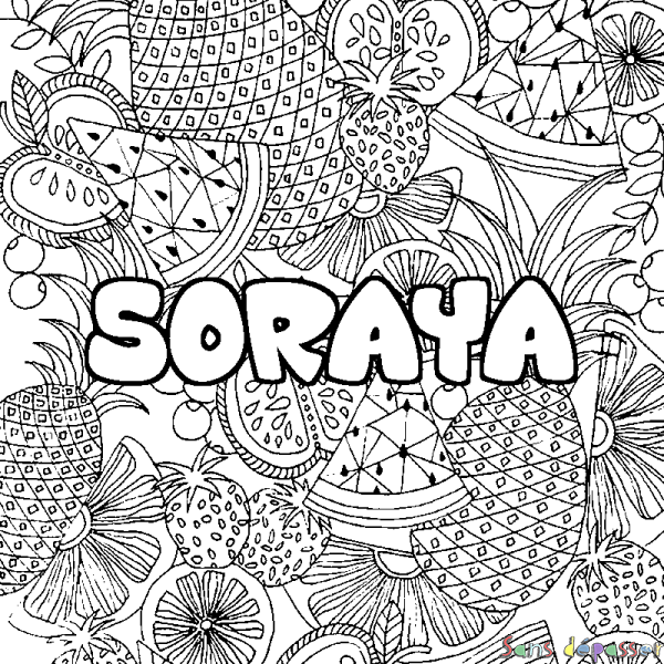 Coloriage pr&eacute;nom SORAYA - d&eacute;cor Mandala fruits