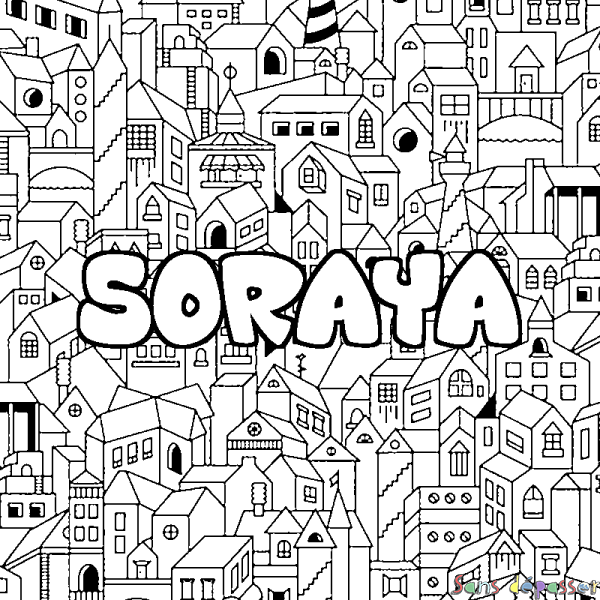 Coloriage pr&eacute;nom SORAYA - d&eacute;cor Ville