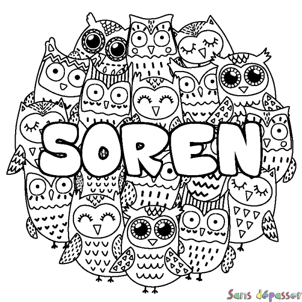 Coloriage pr&eacute;nom SOREN - d&eacute;cor Chouettes