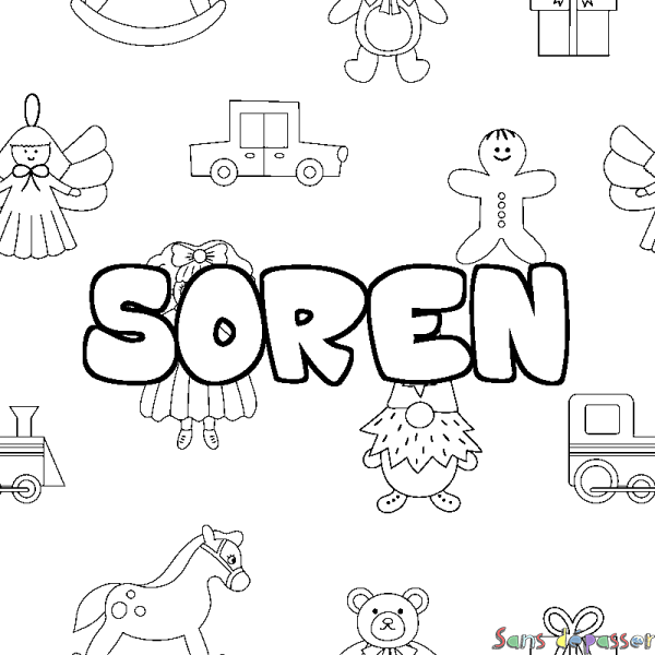 Coloriage pr&eacute;nom SOREN - d&eacute;cor Jouets