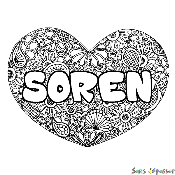 Coloriage pr&eacute;nom SOREN - d&eacute;cor Mandala coeur
