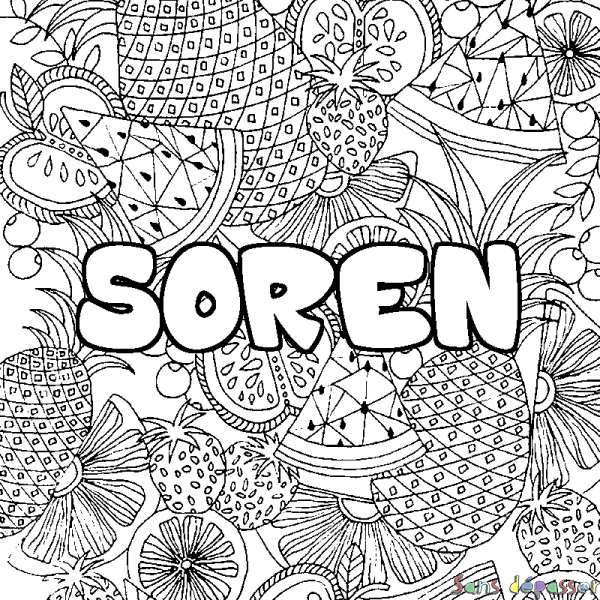 Coloriage pr&eacute;nom SOREN - d&eacute;cor Mandala fruits