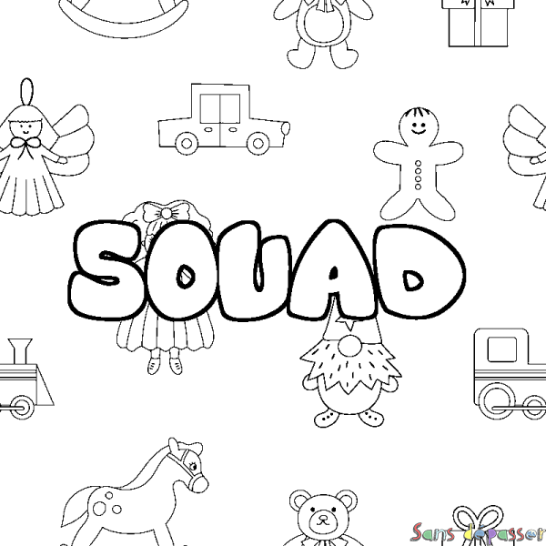 Coloriage pr&eacute;nom SOUAD - d&eacute;cor Jouets