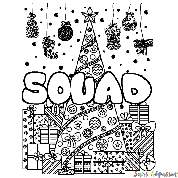 Coloriage pr&eacute;nom SOUAD - d&eacute;cor Sapin et Cadeaux