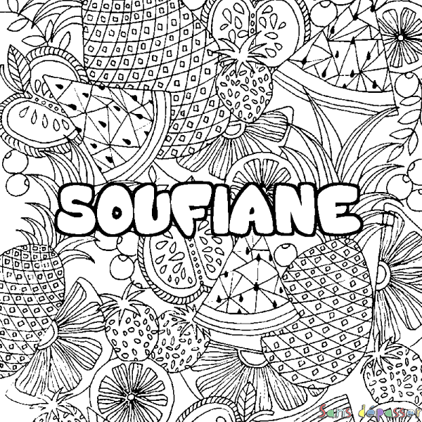 Coloriage pr&eacute;nom SOUFIANE - d&eacute;cor Mandala fruits