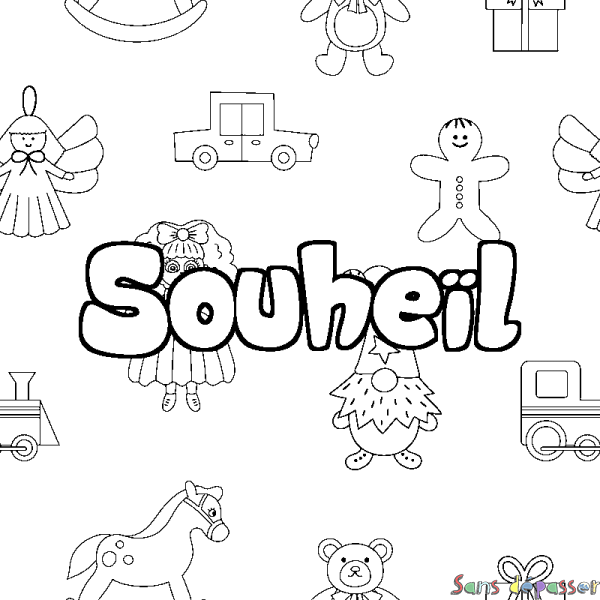 Coloriage pr&eacute;nom Souhe&iuml;l - d&eacute;cor Jouets