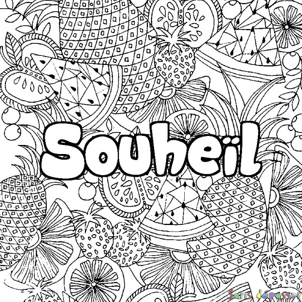 Coloriage prénom Souhe&iuml;l - d&eacute;cor Mandala fruits