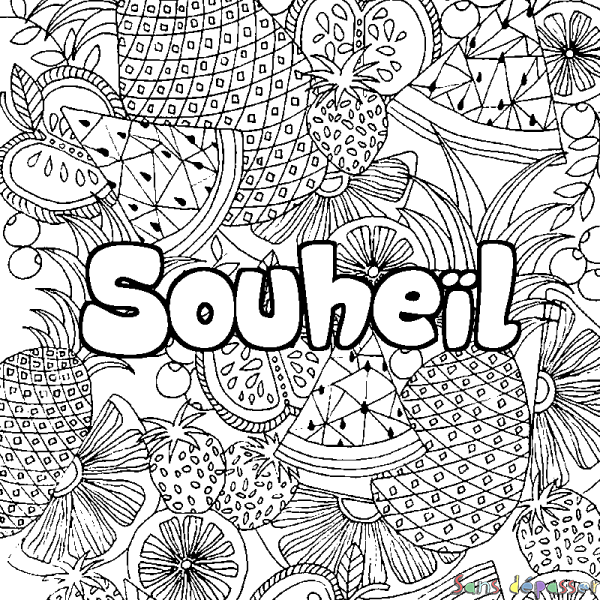 Coloriage pr&eacute;nom Souhe&iuml;l - d&eacute;cor Mandala fruits