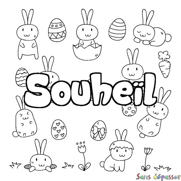 Coloriage pr&eacute;nom Souhe&iuml;l - d&eacute;cor Paques
