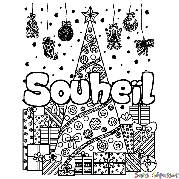 Coloriage pr&eacute;nom Souhe&iuml;l - d&eacute;cor Sapin et Cadeaux