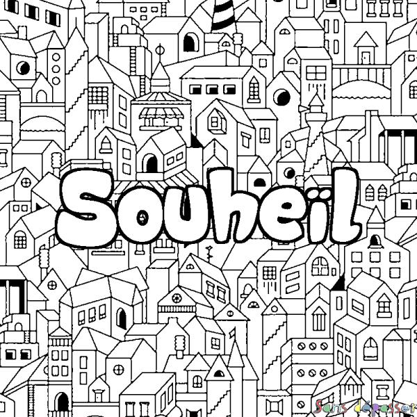 Coloriage pr&eacute;nom Souhe&iuml;l - d&eacute;cor Ville