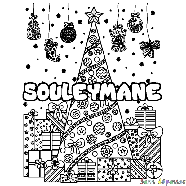 Coloriage prénom SOULEYMANE - d&eacute;cor Sapin et Cadeaux