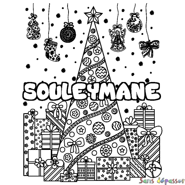 Coloriage pr&eacute;nom SOULEYMANE - d&eacute;cor Sapin et Cadeaux