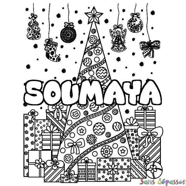 Coloriage prénom SOUMAYA - d&eacute;cor Sapin et Cadeaux