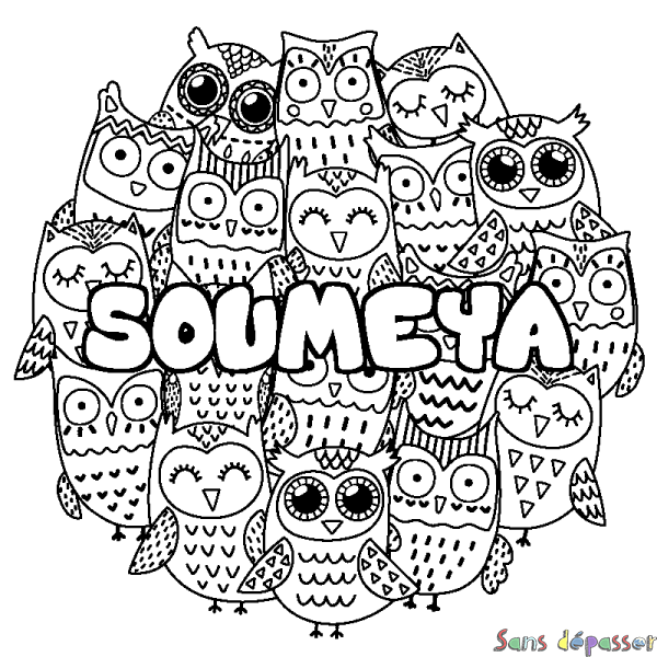 Coloriage pr&eacute;nom SOUMEYA - d&eacute;cor Chouettes