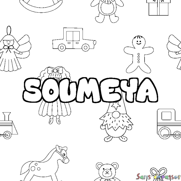 Coloriage pr&eacute;nom SOUMEYA - d&eacute;cor Jouets