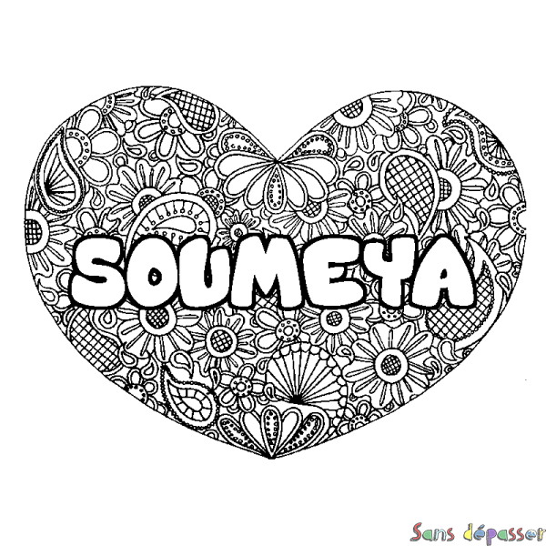 Coloriage pr&eacute;nom SOUMEYA - d&eacute;cor Mandala coeur