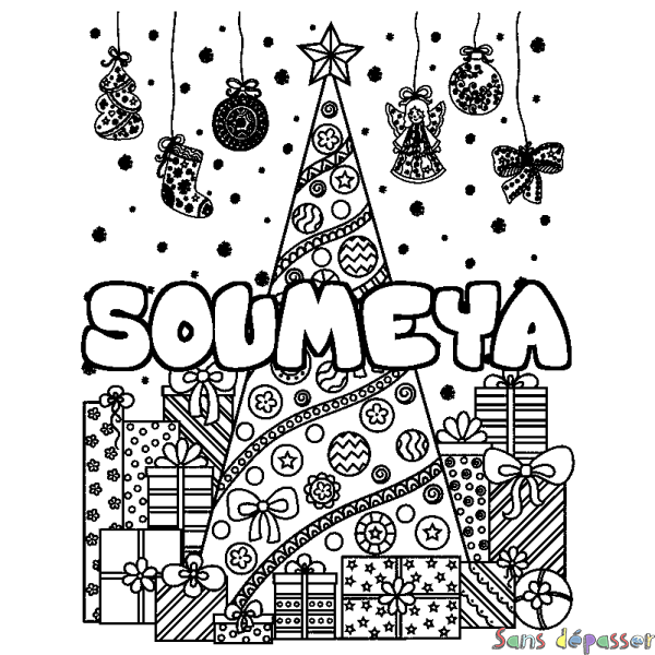 Coloriage pr&eacute;nom SOUMEYA - d&eacute;cor Sapin et Cadeaux