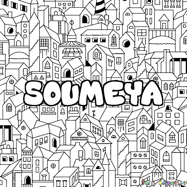 Coloriage pr&eacute;nom SOUMEYA - d&eacute;cor Ville