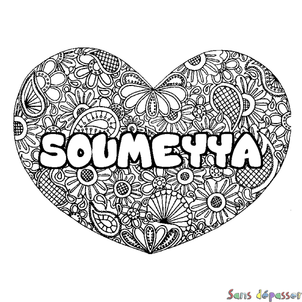 Coloriage pr&eacute;nom SOUMEYYA - d&eacute;cor Mandala coeur