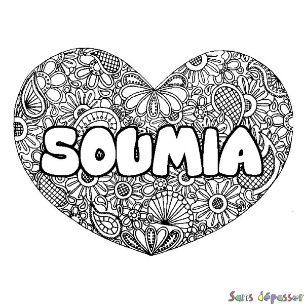 Coloriage pr&eacute;nom SOUMIA - d&eacute;cor Mandala coeur