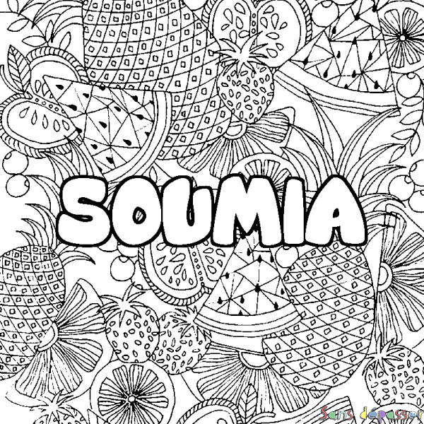 Coloriage pr&eacute;nom SOUMIA - d&eacute;cor Mandala fruits