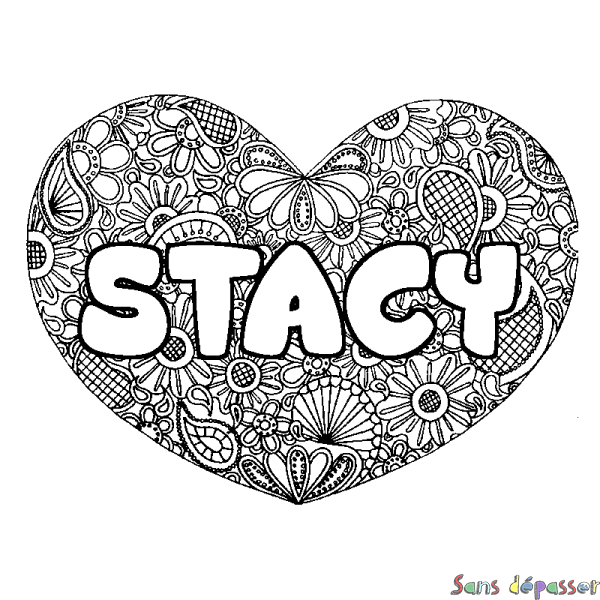 Coloriage pr&eacute;nom STACY - d&eacute;cor Mandala coeur