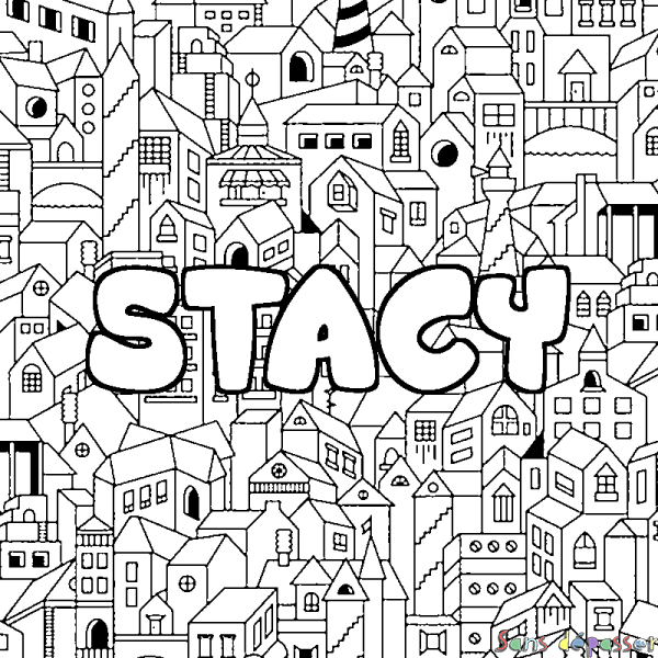 Coloriage pr&eacute;nom STACY - d&eacute;cor Ville