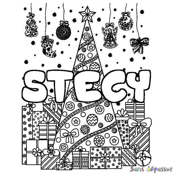 Coloriage pr&eacute;nom STECY - d&eacute;cor Sapin et Cadeaux