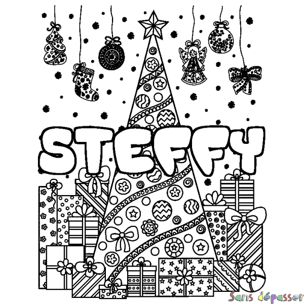 Coloriage pr&eacute;nom STEFFY - d&eacute;cor Sapin et Cadeaux