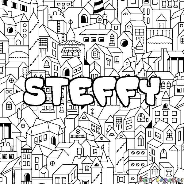 Coloriage pr&eacute;nom STEFFY - d&eacute;cor Ville