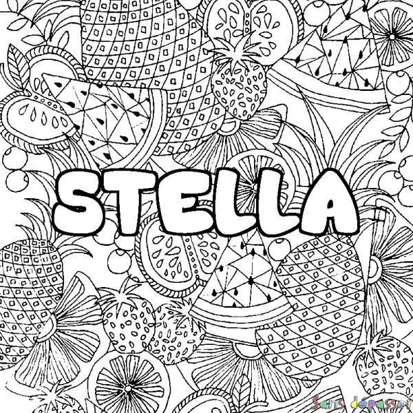 Coloriage pr&eacute;nom STELLA - d&eacute;cor Mandala fruits