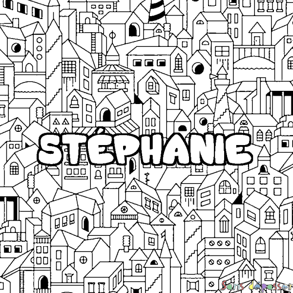 Coloriage pr&eacute;nom ST&Eacute;PHANIE - d&eacute;cor Ville