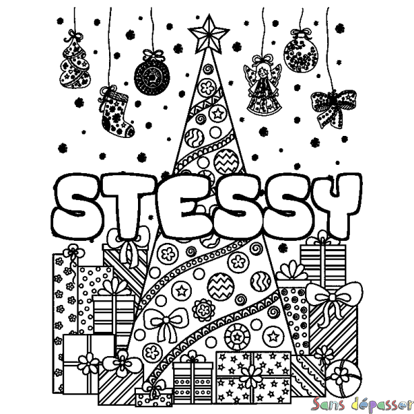 Coloriage pr&eacute;nom STESSY - d&eacute;cor Sapin et Cadeaux
