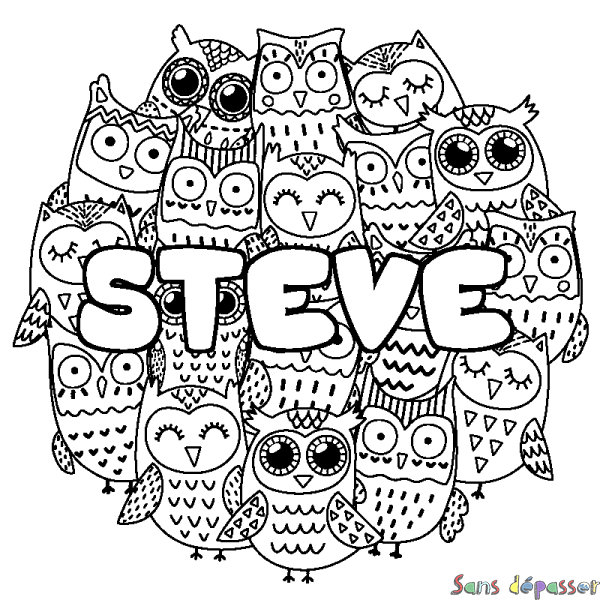 Coloriage pr&eacute;nom STEVE - d&eacute;cor Chouettes