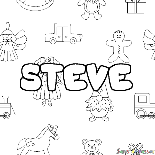 Coloriage pr&eacute;nom STEVE - d&eacute;cor Jouets