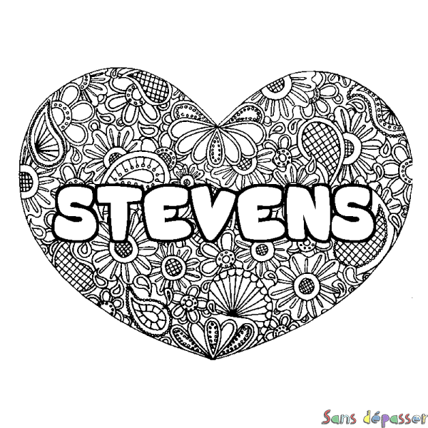 Coloriage pr&eacute;nom STEVENS - d&eacute;cor Mandala coeur