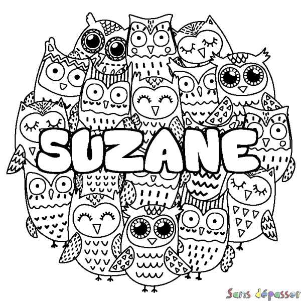 Coloriage pr&eacute;nom SUZANE - d&eacute;cor Chouettes