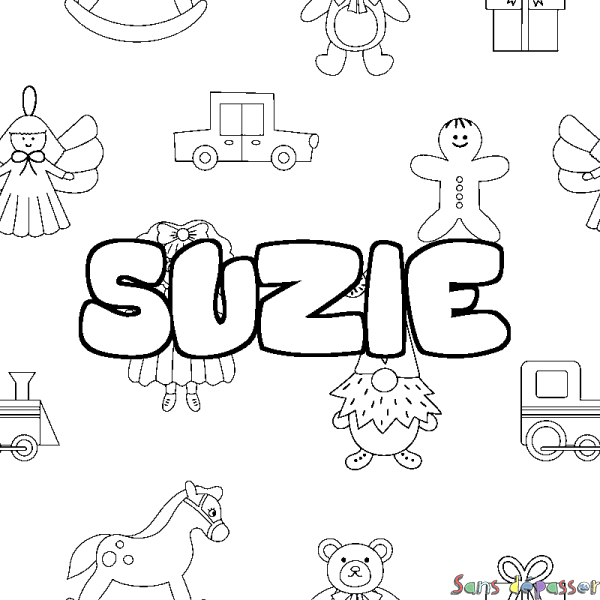 Coloriage pr&eacute;nom SUZIE - d&eacute;cor Jouets