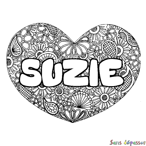 Coloriage pr&eacute;nom SUZIE - d&eacute;cor Mandala coeur