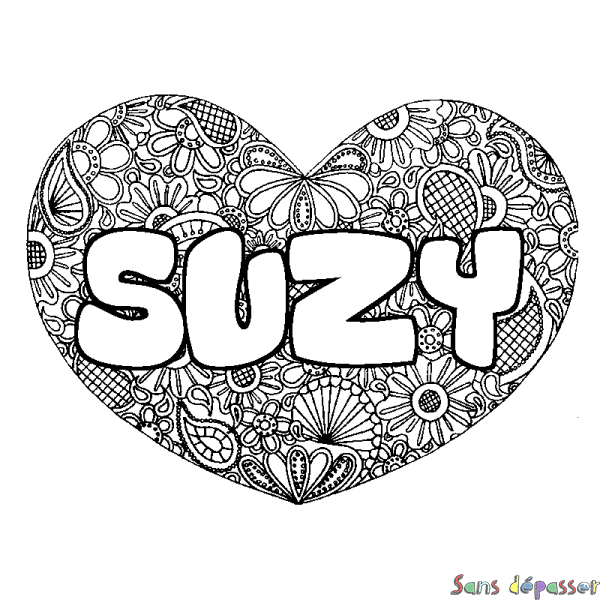 Coloriage pr&eacute;nom SUZY - d&eacute;cor Mandala coeur