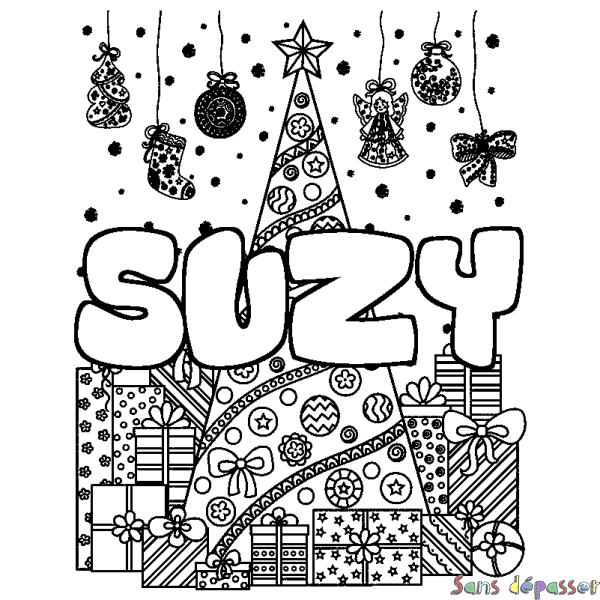 Coloriage prénom SUZY - d&eacute;cor Sapin et Cadeaux