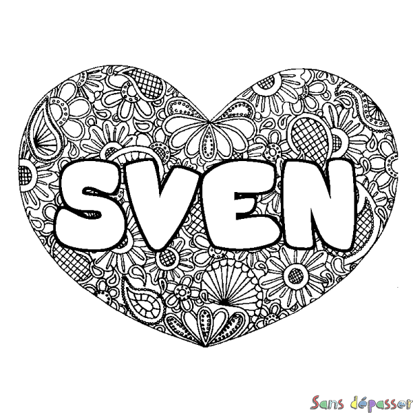 Coloriage pr&eacute;nom SVEN - d&eacute;cor Mandala coeur