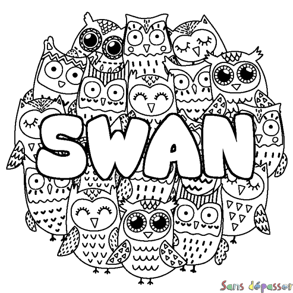 Coloriage pr&eacute;nom SWAN - d&eacute;cor Chouettes