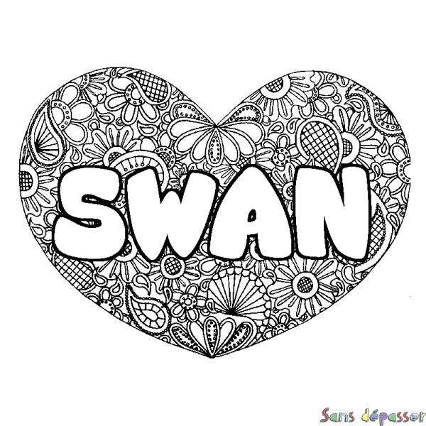 Coloriage pr&eacute;nom SWAN - d&eacute;cor Mandala coeur